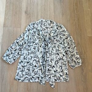 Sheer Bird Print Blouse Button Up with Tie Neck Long Sleeve